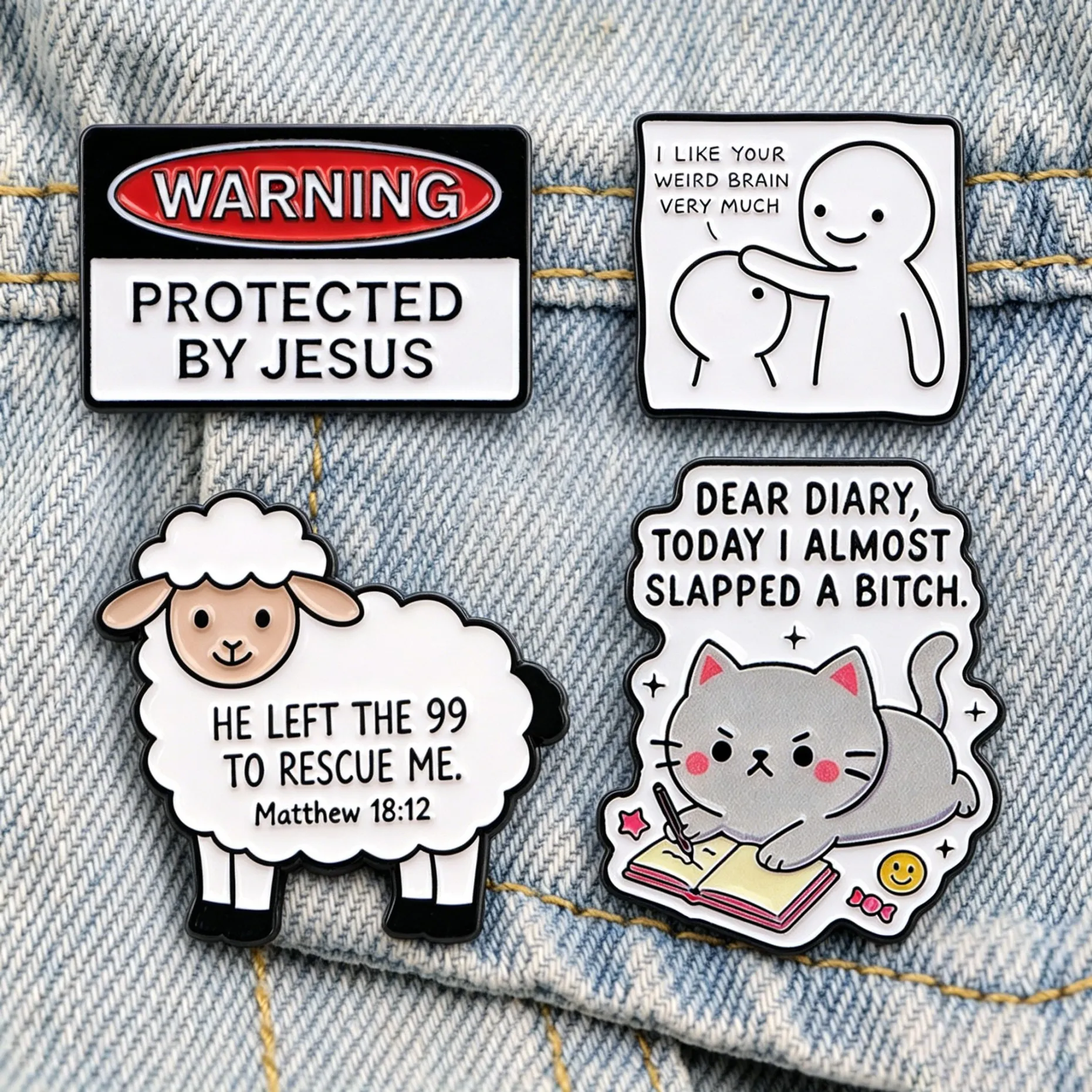 Broches en émail à citation amusante, motifs Jésus, Mouton, Bible, Chat mignon, Figurine de personnage, pour veste en jean et sac à dos, Bijou humoristique, Cadeau