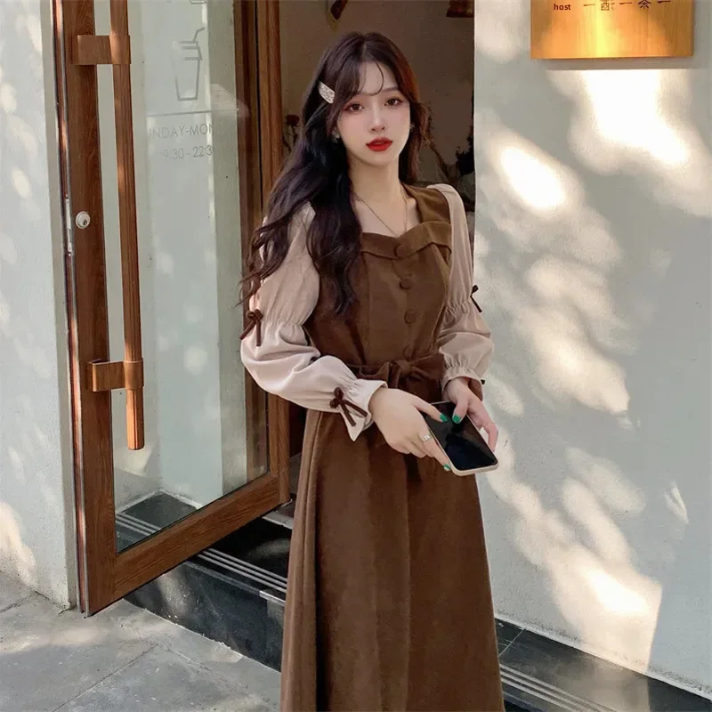 Korean Style Loose-fit New Spring Autumn French Slimming Long Sleeve Color Blocking Skirt Medium-length Waist-fitted A- dress