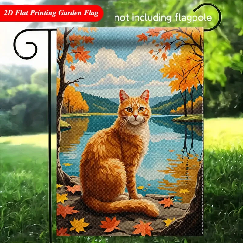 

1pc 2D Flat Printing Garden Flag Orange Cat By Scenic Lake Garden Flag Double-Sided Printed Outdoor Decor