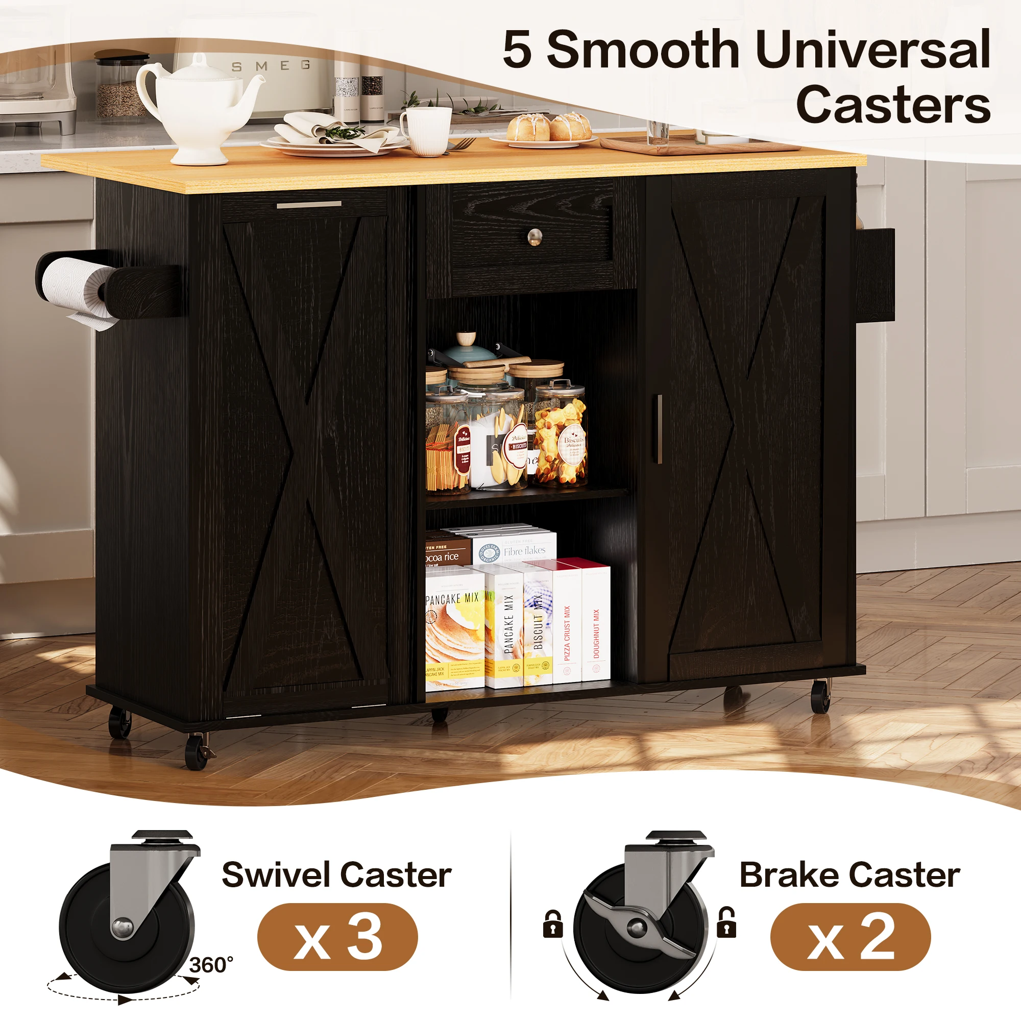 جزيرة المطبخ الدوارة من ديلي مع مساحة تخزين سلة المهملات، عربة جزيرة المطبخ مع سطح طاولة من أوراق الشجر، جزيرة مطبخ مقاس 47.2 بوصة على عجلات