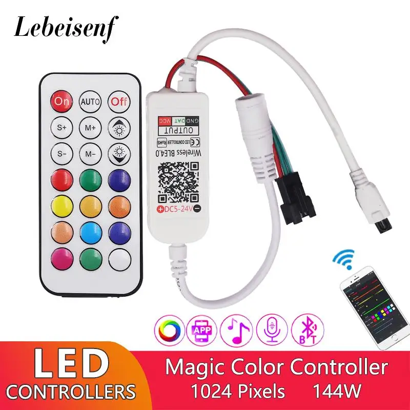 Mini controlador de atenuación de Color mágico LED con Bluetooth, 1024 píxeles con control remoto IR de 21 teclas para tira de luz RGB WS2812 WS8211