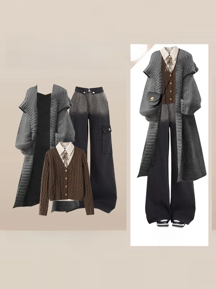 

Модный женский вязаный кардиган в стиле кэжуал, корейские брюки с широкими штанинами, комплект из трех предметов: кардиган, брюки и топ с высокой талией прямого кроя