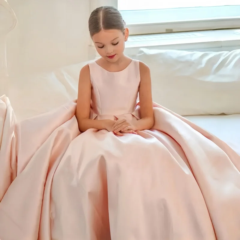 White Flower Girl Dress for Wedding With Bow Satin Floor Length Elegant First Communion Ball Birthday Party Gowns