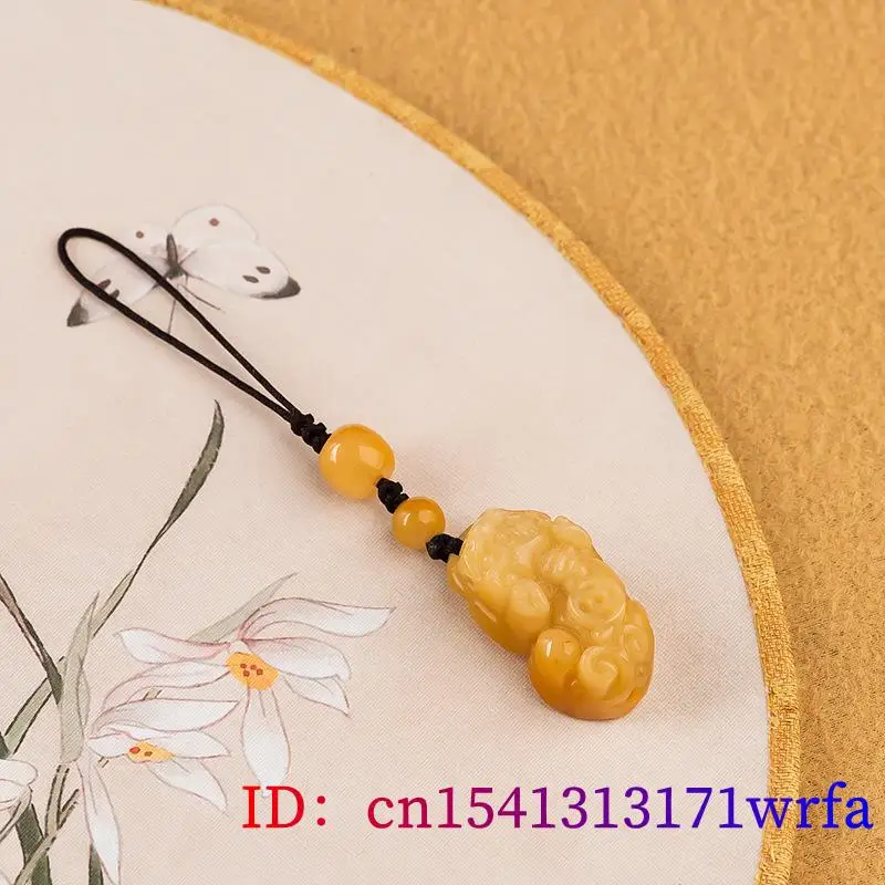 Yellow Natural Jade Pixiu Keychain Strap Luxury Phone Charm Cute Gift Gifts for Women Men Designer Real Jewelry Bag Charm