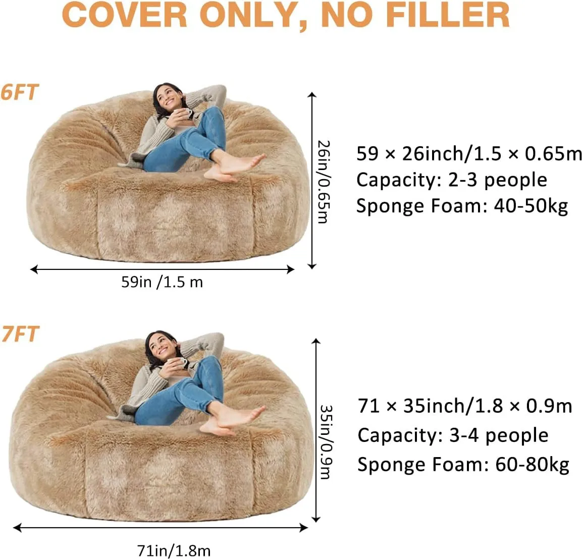 غطاء كرسي Bean Bag Sofas7FT كبير الحجم من الفرو الصناعي الناعم لسرير الأريكة سهل الغسيل بدون حشو #3