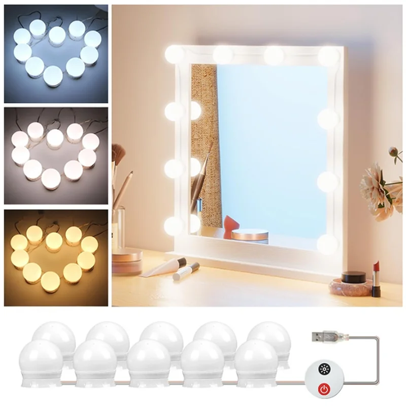 LED Vanity Lights For Mirror USB Vanity Lights With 10 Dimmable Bulbs Adjustable 3 Color Makeup Mirror Might Bulb