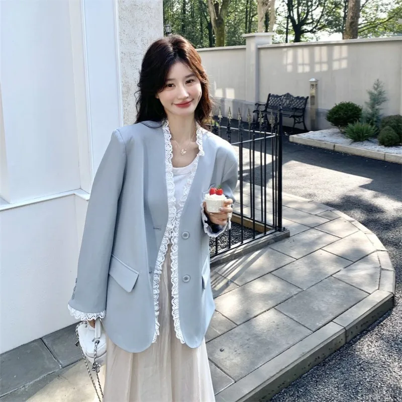 

Женская одежда, осенняя мода, простота, универсальный модный кружевной однотонный индивидуальный воротник, женский темпераментный карманный кардиган