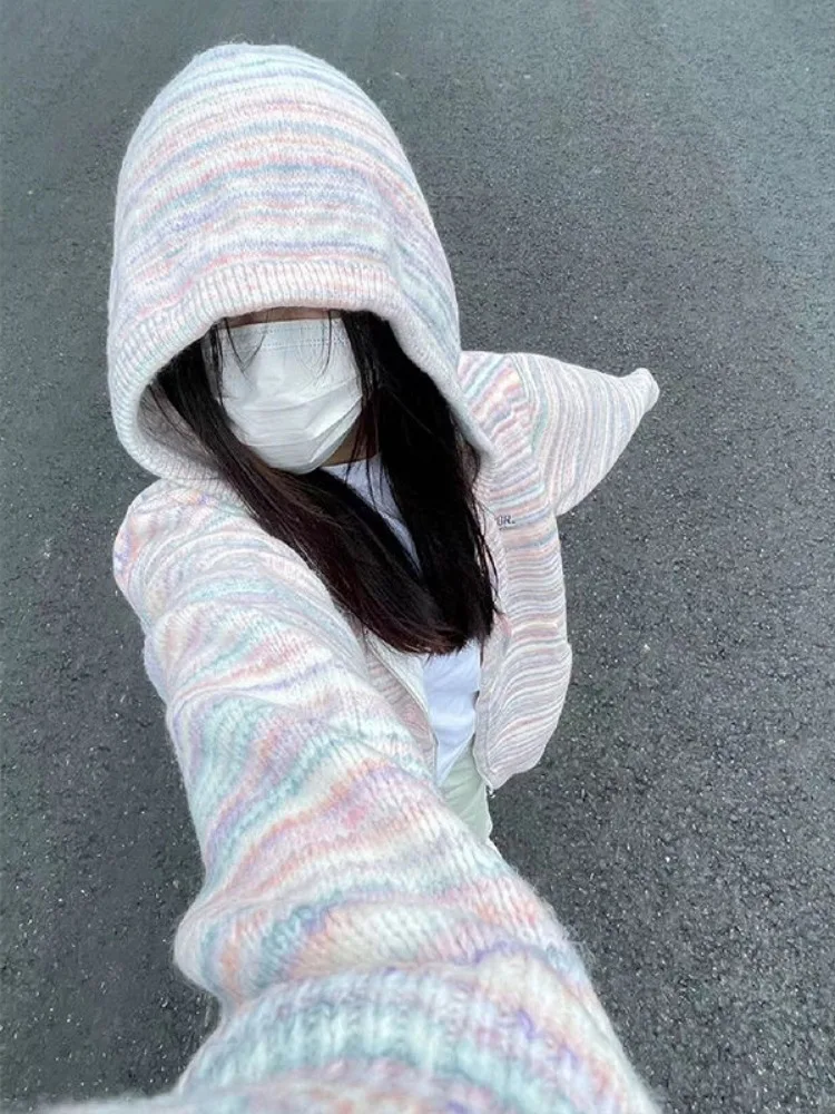 Japanese Y2k Rainbow Striped Kawaii Cardigans Women Autumn All Match Hooded Sweaters Loose Zipper Grunge Knitted Coat Pull Femme