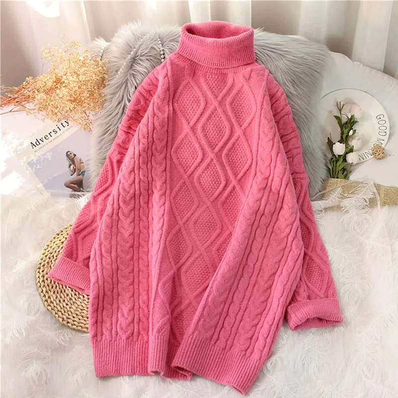 Women's Turtleneck Twist Mid-length Sweater Fall Winter New Korean Casual Thick Oversize Pullover Loose Basic Crochet Sueter