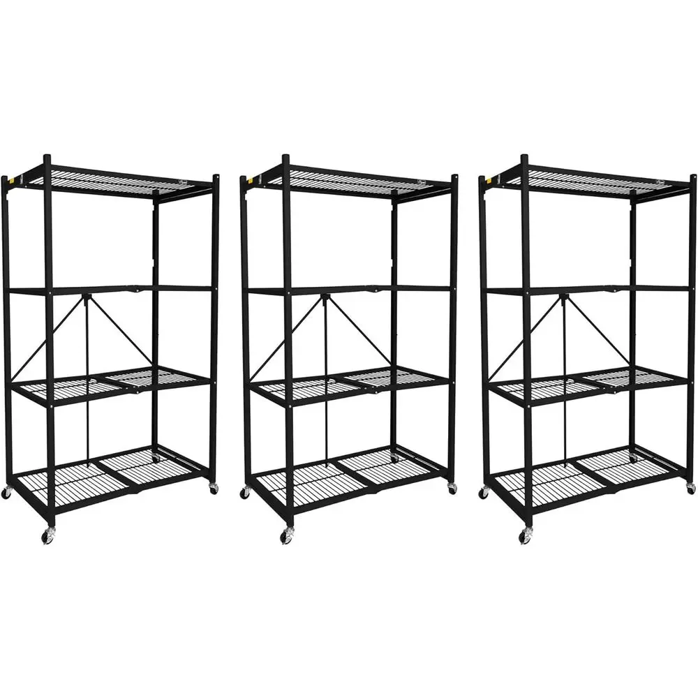 

3 Pack 4 Tier oldable Metal Garage Storage Shel Rack, Wheels & Powder Coated Steel, Black