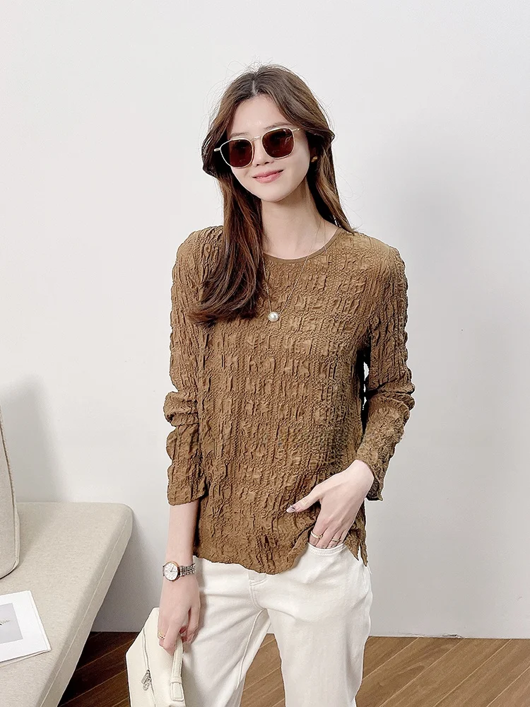 

Korean Faion Long Sve round Ne Bubble Pleated Silk irt Women's Ele True Silk Small irt Autumn New Arr...