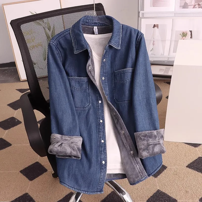 2024Autumn Winter Women's Denim Shirts Korean Style Fashion Warm Velvet Inside Jeans Blouse Thick Female Tops Long Sleeve KT1976