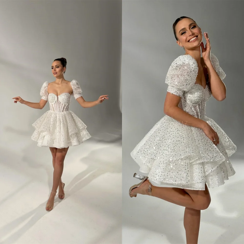 

Customized Elegant White Organza Sequined Wedding Dress Exquisite Strapless Detachable Sleeve Short Sleeves Bridal Gowns