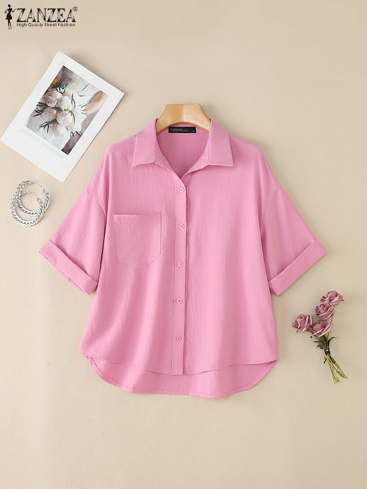 ZANZEA قمصان عصرية 2025 بلوزة كورية أنيقة بلون سادة للسيدات قطع علوية صيفية تونك نصف كم وطية صدر السترة بلوزات نسائية فضفاضة غير رسمية