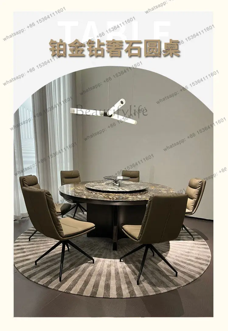 YJ Italian minimalist imported natural luxury stone platinum diamond dining table  marble round table with turntable