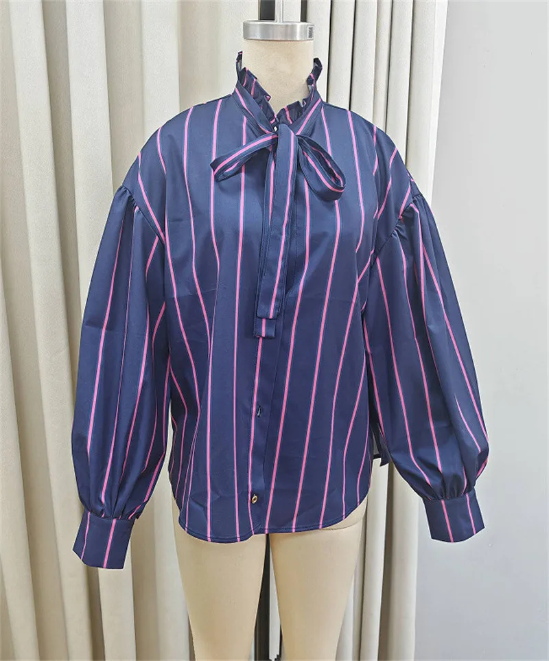 

Chic Contrast Striped Bowknot Blouse Women Stand Collar Single Breasted Long Sleeve Loose Shirt 2025 Lady Casual Streetwear
