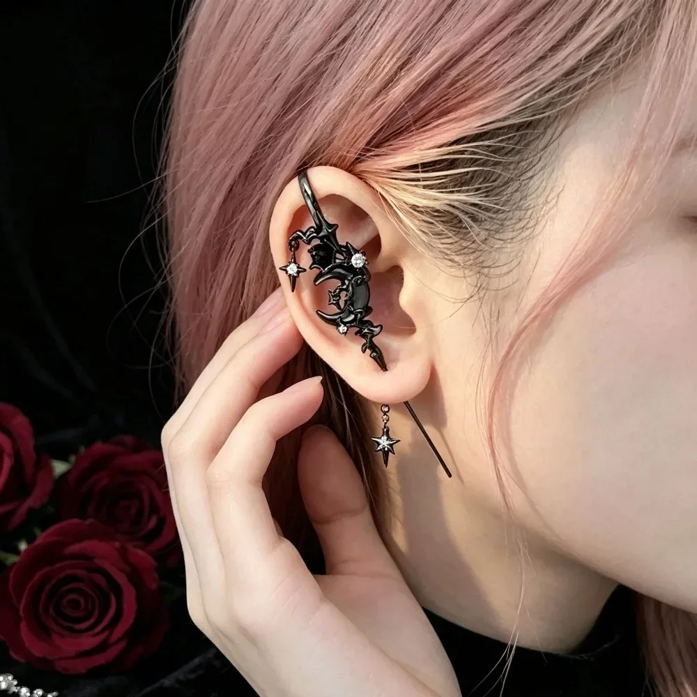 Elegant Moon Ear Cuff Crawler Earrings, Diagonal Cross Rose Ear Hook, No Piercing Ear Jewelry for Women
