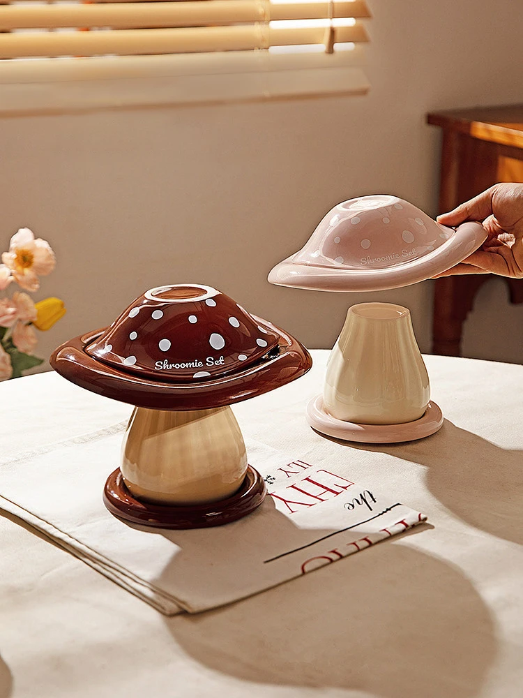 Cute Ceramic Mushroom Tableware Set for One 2025 New Arrival High-Aesthetic Pink Bowls Perfect Birthday Gift for Home Dining