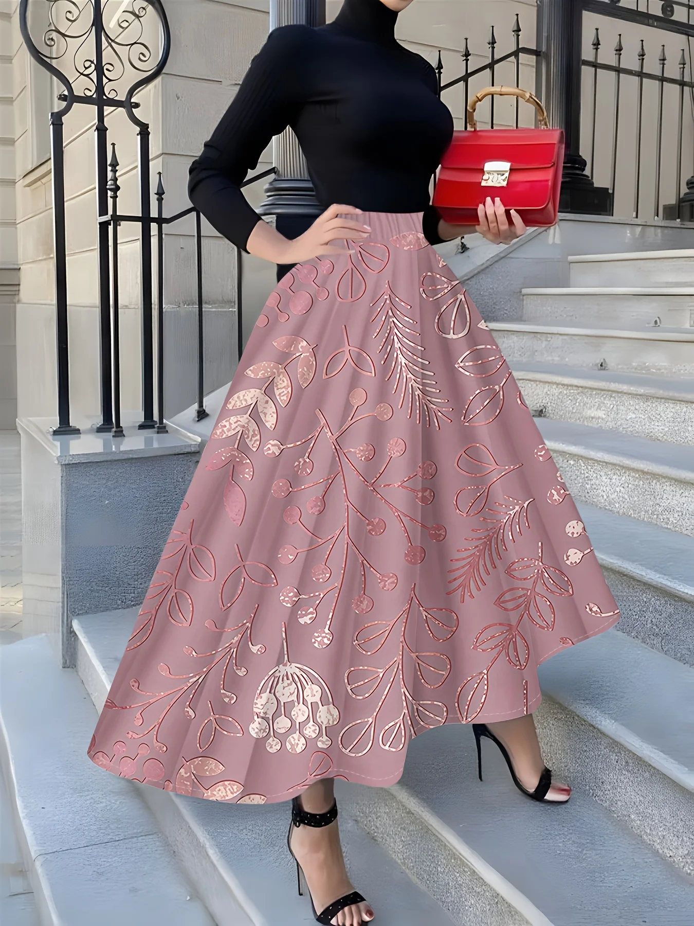 

Идеально подходит для любого сезона: элегантная розовая юбка миди с ботаническим принтом для женщин