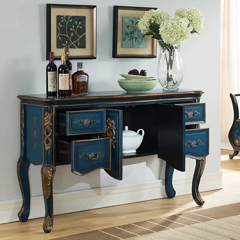 Embossed bottle An American side cabinet Mediterranean blue decorative cabinet Vintage French solid wood painted storage cabinet