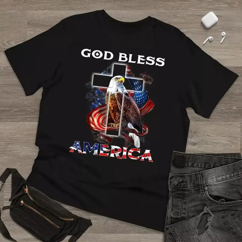 

Футболка с флагом США God Bless America Jesus Cross Bald Eagle 4 июля