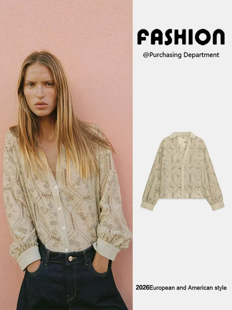 Spring New Arrival Women's Shirt Embroidered Hollow out Long Sleeve Collared Casual Versatile Fashionable European Style