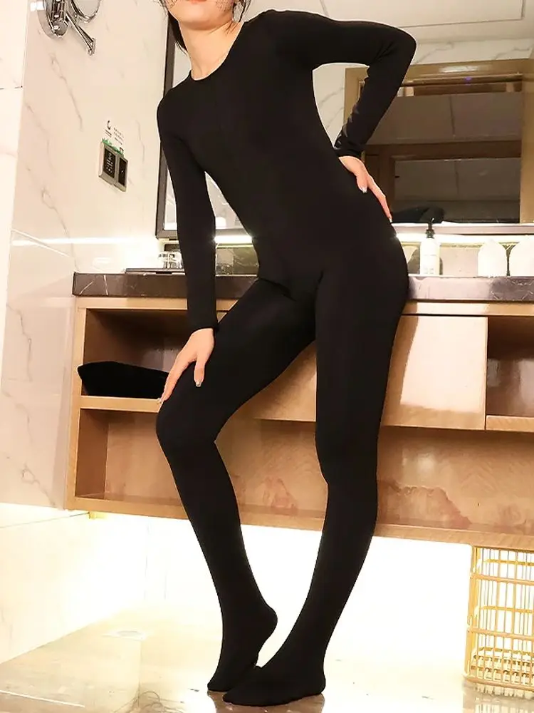 Unisex Autumn Winter Back Open Bodystocking Without Thin Thick Fleece Catsuit Bodysuit Tights Leotard Conjoined Jumpsuit Unitard