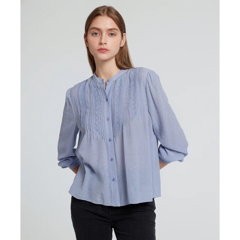 

Ele French Sle Slimming Loose Hollow out Small Stand Collar Lace Women's irt Long Sve Bubble Sve Pure Color