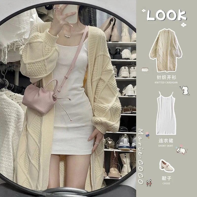 

Mid-Long Cardigans With Pockets For Woman Womens Autumn Sleeves Sweaterharajuku Knitwear Athleisure Preppy Print Polka-Dot Daily