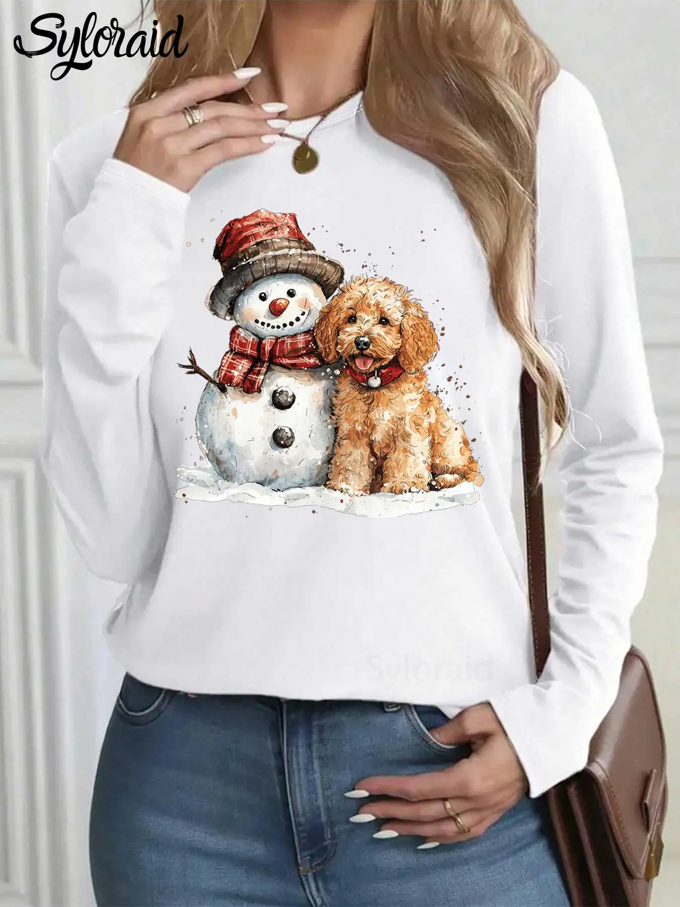المرأة طويلة الأكمام تي شيرت عيد الميلاد Goldendoodle وثلج تي شيرت عيد الميلاد الكلب ShirtFashion جولة الرقبة عارضة أعلى #1
