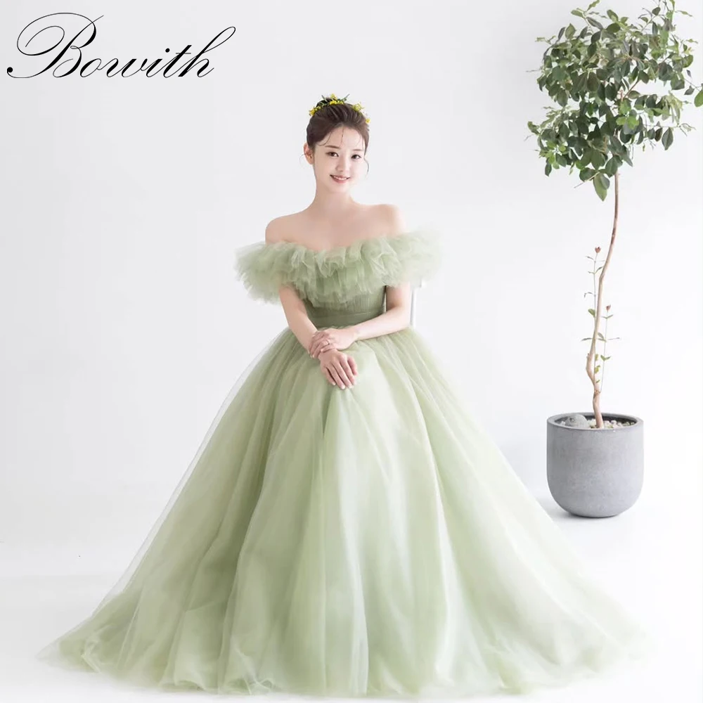 

Bowith Mint Green Korean Wedding Dresses Off the Shoulder Pleats Bridal Gown Customized Soft Tulle A-Line Bride Dresses Party