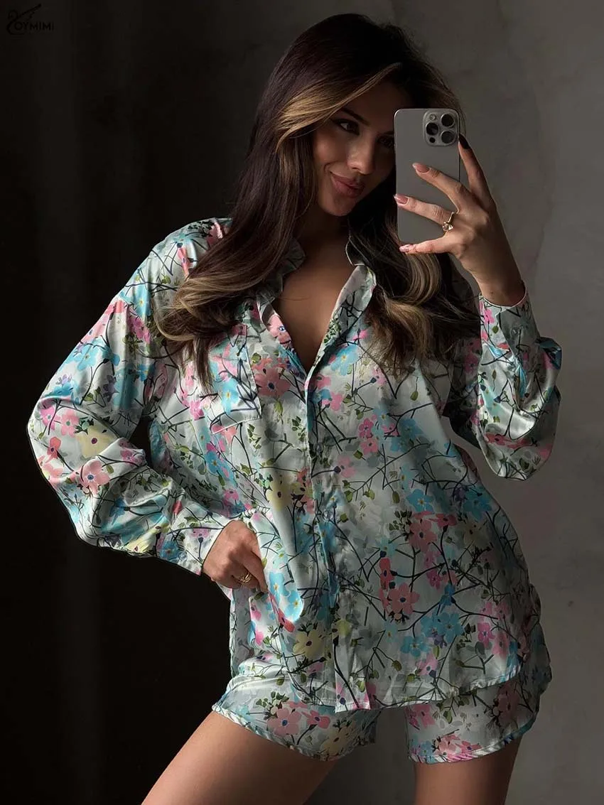 

Oymimi Elegant Grey Print Two Piece Set Woman Fashion Turn-Down Collar Long Sleeve Button Shirts And High Waisted Shorts Sets