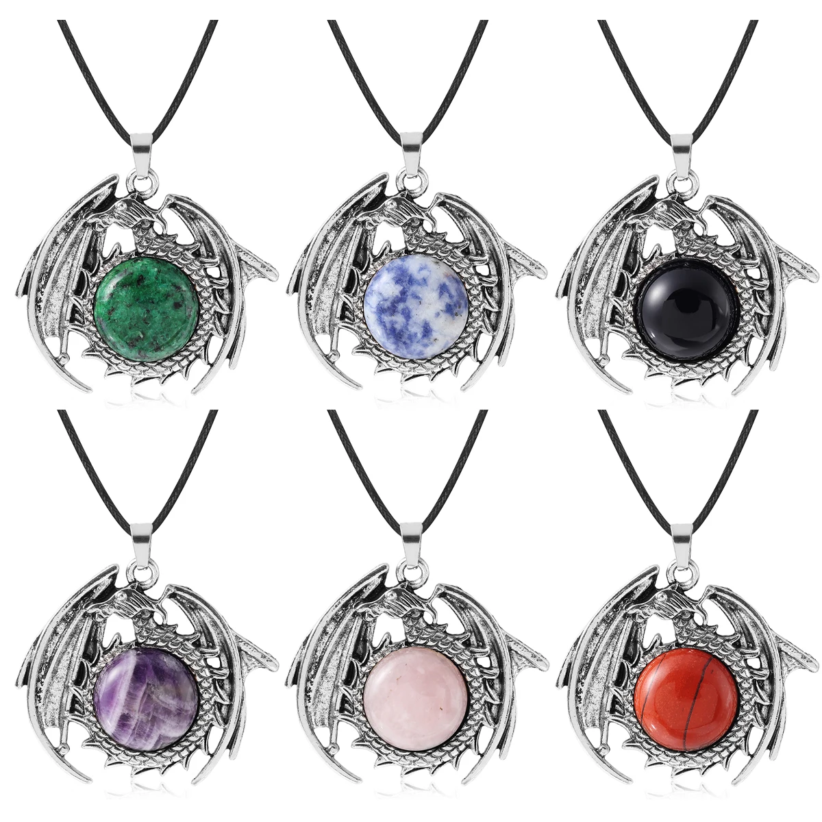 

Natural Stone Necklace Crystal Agate Balance Chakra Flying Dragon Pendant Necklace for Women Men Positive Energy Jewelry