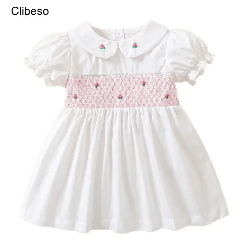 2024 Clibeso Boutique Design Handmade Embroidery Summer Dress for Baby Girls Kids Vintage Smocked White Dresses Children Outfits