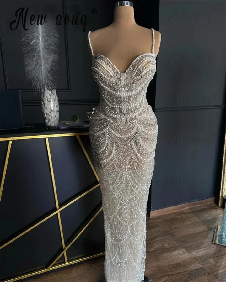 

Glitter Silver Crystals Mermaid Prom Dresses Elegant Spaghetti Straps Pearls Evening Dress Formal Occasion Dresses Vestido De