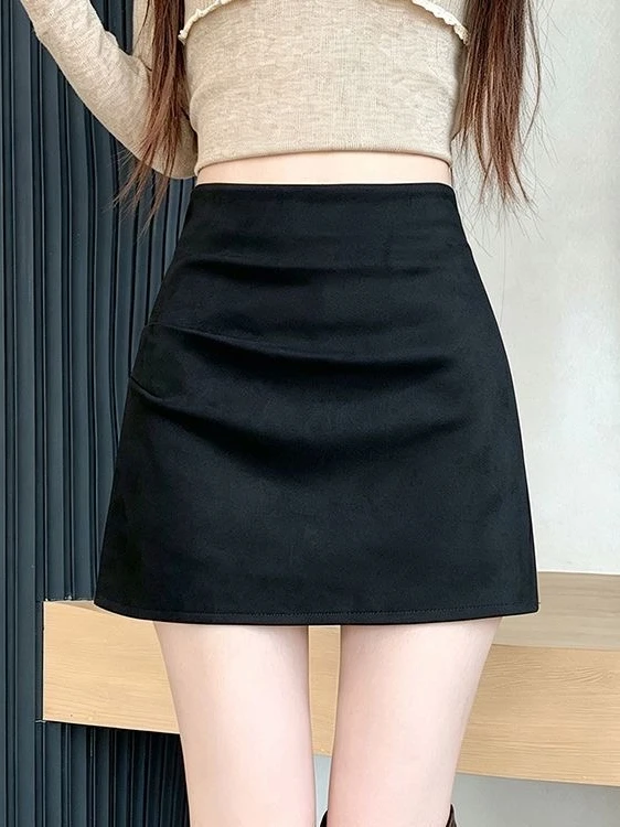 Suede Pleated  Skirt Women's High Waist Slim A-Line Skirt Bodycon Anti-Light Versatile Short Skirt Commute Simple Style
