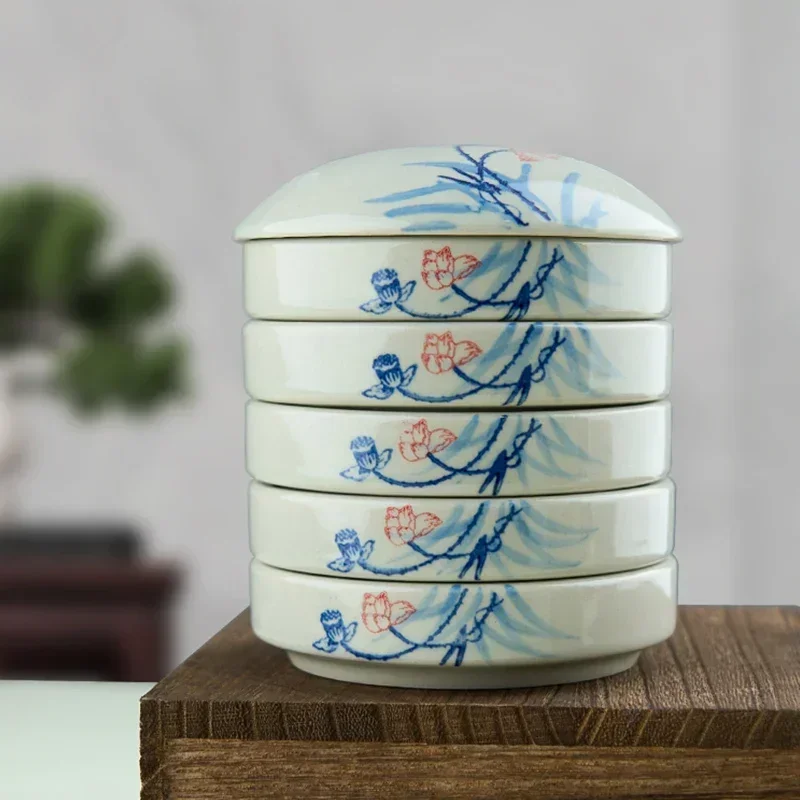 Ceramic Pallets Watercolor Paint Palette Five Layers with Cover Practical Art Oil Painting Tray Pigment Disc Colour Mixing Tray