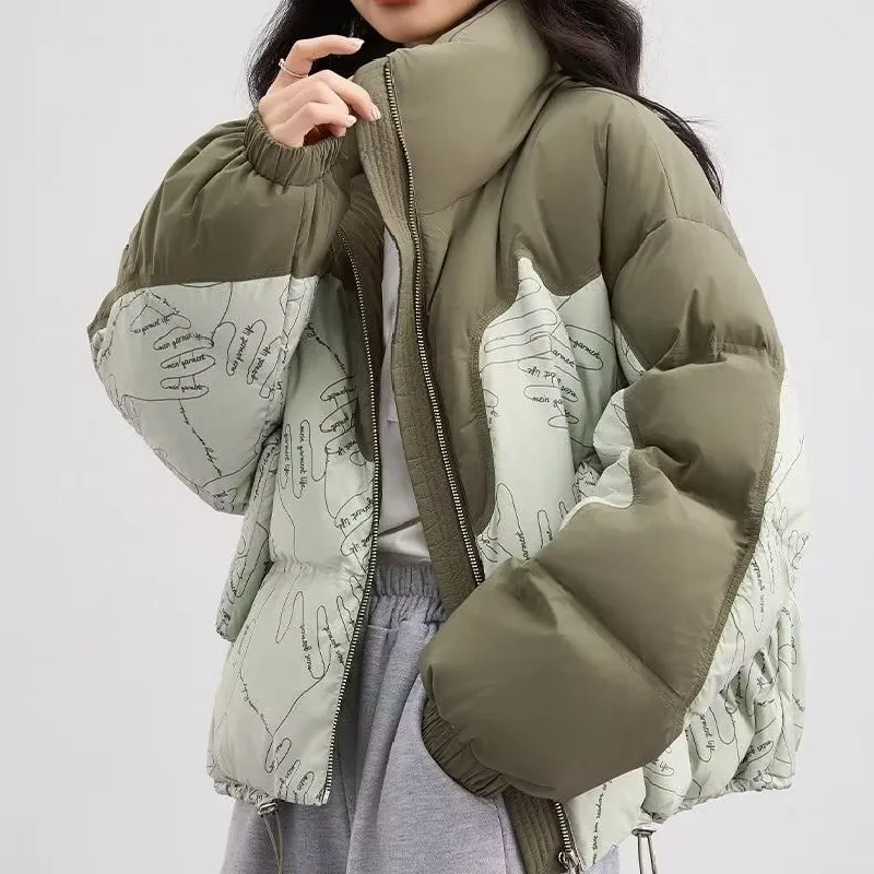 Women\'s Casual Down Jacket with Stand-up Collar, Loose Light Jacket, Warm Color Collision Printed Short Tops, Winter Coats