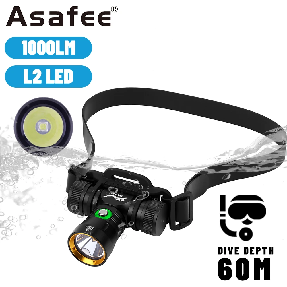 

Asafee 60M Diving Headlamp Underwater L2 LED 1000LM IPX8 Waterproof 56° Angle Light Wearable On Hand Headlight Underwater Search