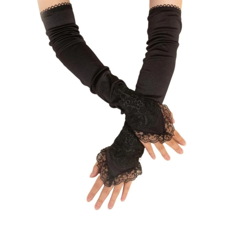 652F Women Long Gloves Half Finger Mesh Mittens Fancy Make Up Halloween Gloves for Halloween Make Up