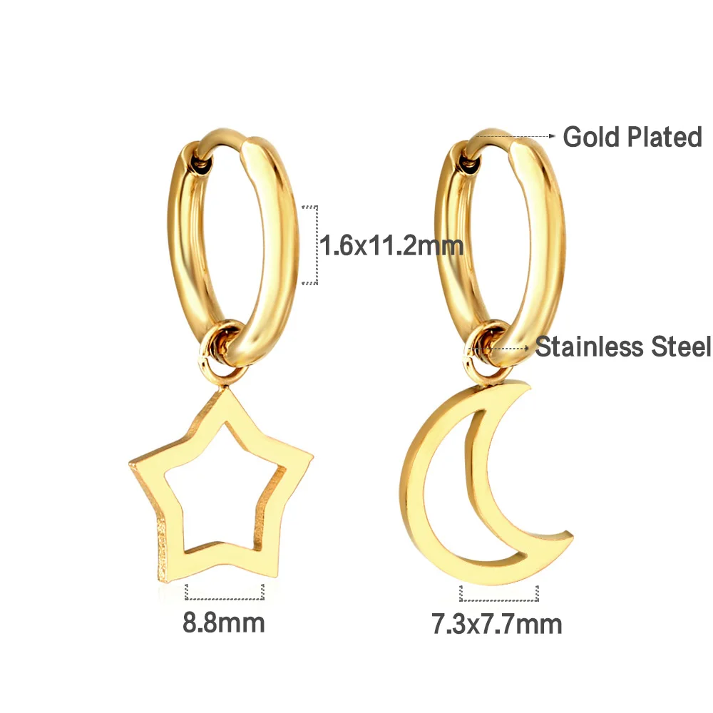 Celestial Star Moon Huggie Hoop Dangle Earrings for Women 316L Stainless Steel Hypoallergenic Tarnish Resistant Daily Party Gift