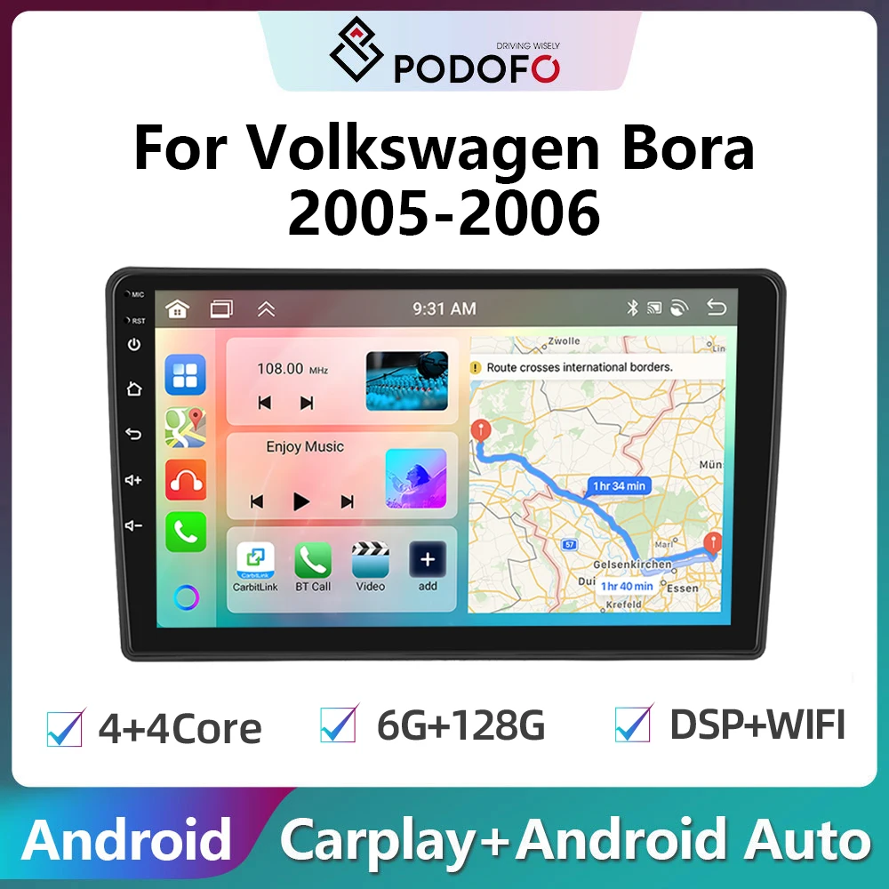 Podofo 2din Android Car Radio For Volkswagen Bora 2005-2006 6G+128G Carplay Stereo Player Autoradio WIFI GPS Navigation FM/RDS