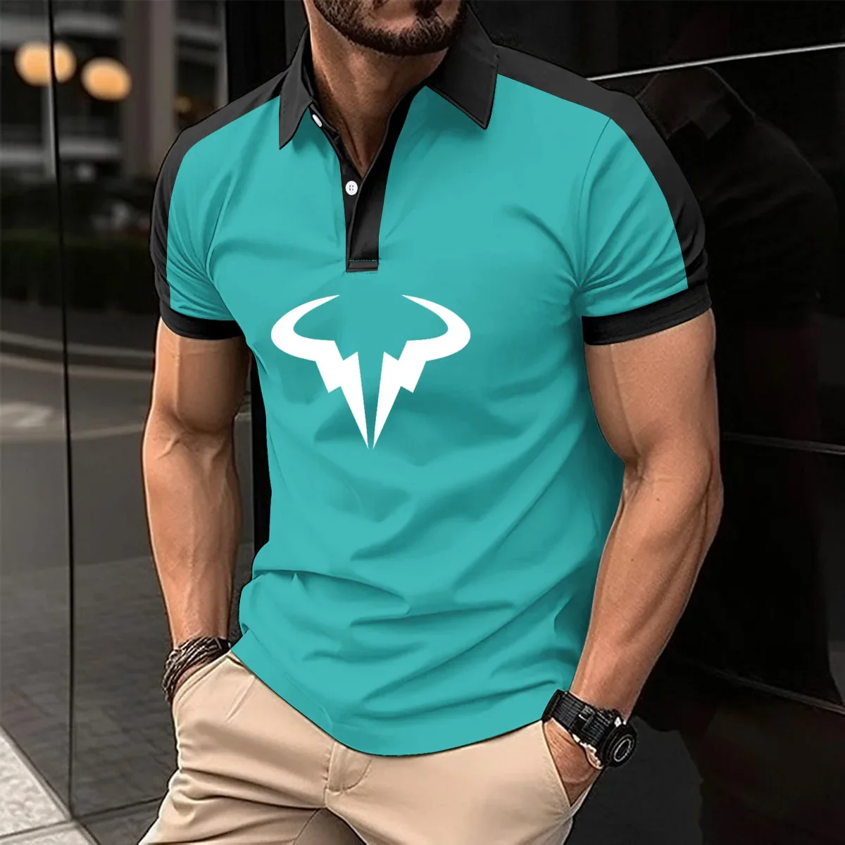 

Summer 50% Cotton Shirt Rafael Nadal print New Men's Breathable Short Sleeved Polo Shirt Casual Contrast Color men's golf shirt