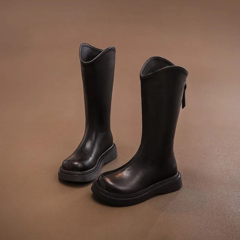 Simple Stylish Long Boots Girls High-top Warm Boots Student Performance Runway Boots Children Casual Flat Round-toe High Boots.