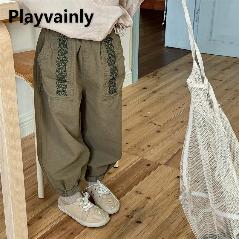 

Children Casual Loose Pants Spring Autumn Army Green Khaki Embroidery Wide Leg Harem Pant Boy and Girl Jogger Trousers A5506