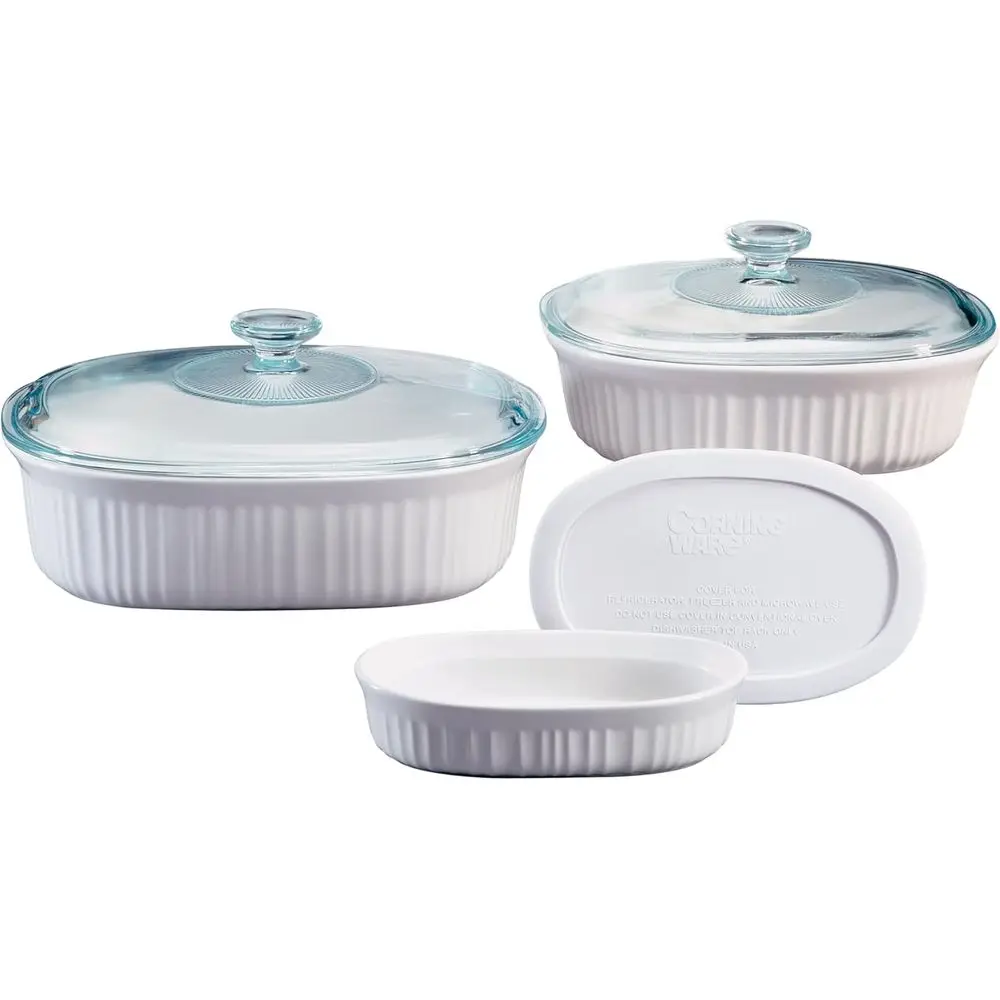 6-Piece Stoneware Baking Set with Lids - Chip Resistant, Safe for Microwave, Dishwasher, Oven, and Freezer, French White