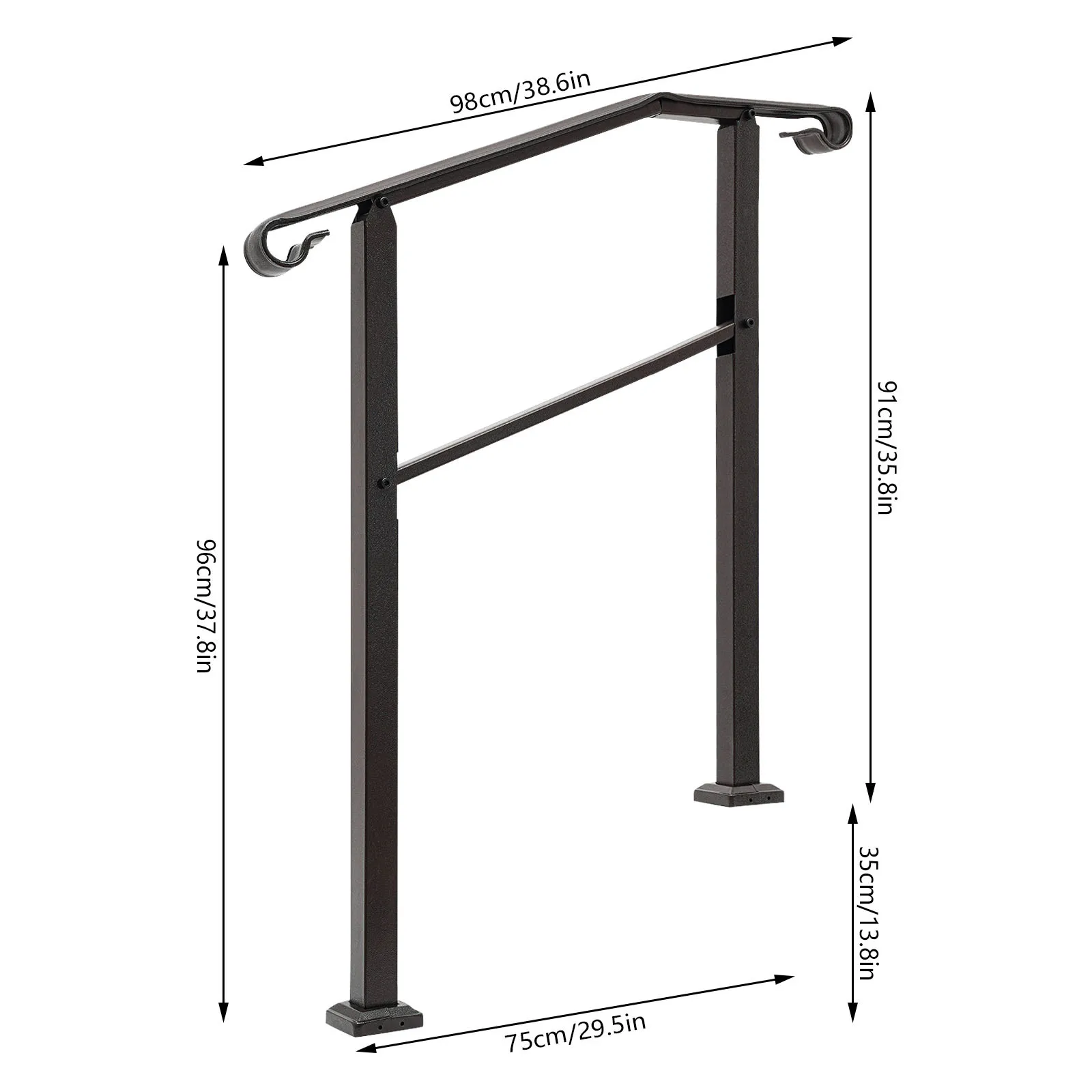 Outdoor staircase handrail slope 3FT iron brown, Handrails for Outdoor, Staircase Handrail, 3-Step Handrail