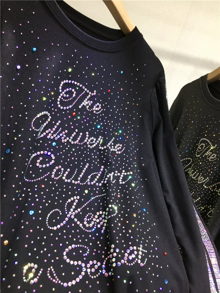 Plus Size New Autumn Winter Long Sleeve Basic T-shirt Letters Hot Diamonds Skinny Pullover Top All-match Round Neck Black Tees