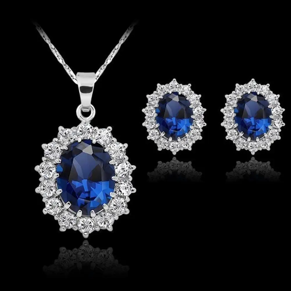 High Quality Jewelry Sets Noble Faux Sapphire Rhinestone Earrings Necklace Jewelry  One Color Necklace Jewelry for Women