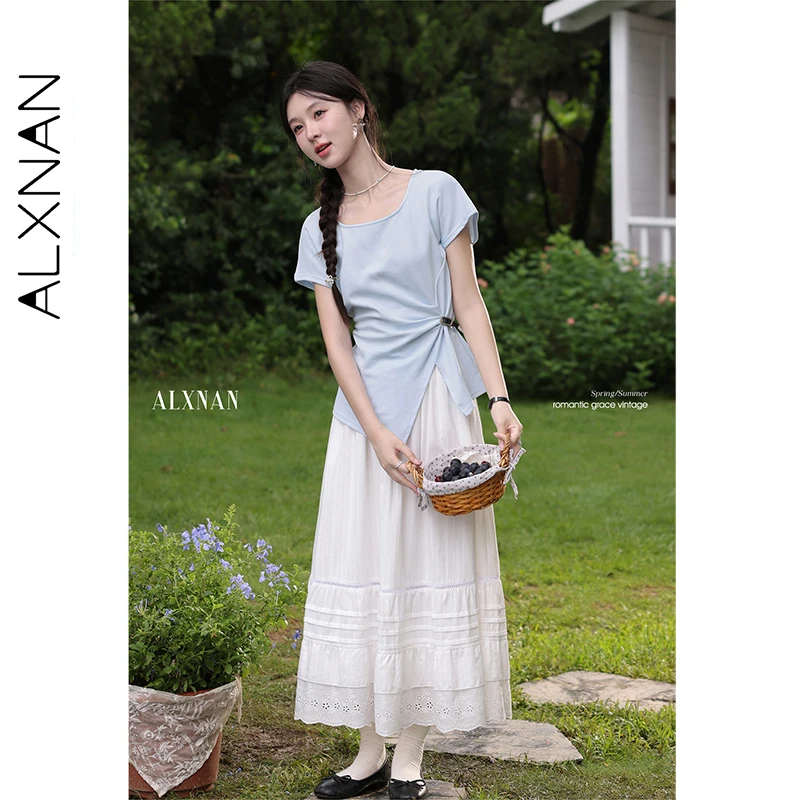 ALXNAN Blauw T-shirt voor Vrouwen Elegante U-hals Onregelmatige Geplooide Katoenen T-shirt 2025, Zomer Casual Korte Mouw Tops Vrouwelijke L56601